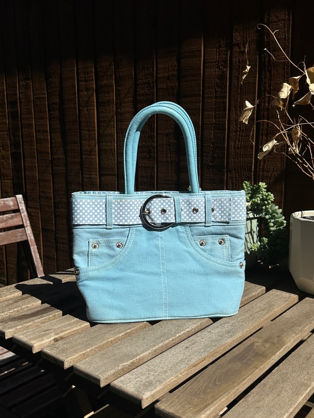Light Blue Mini Tote Bag with Polka Dot Belt